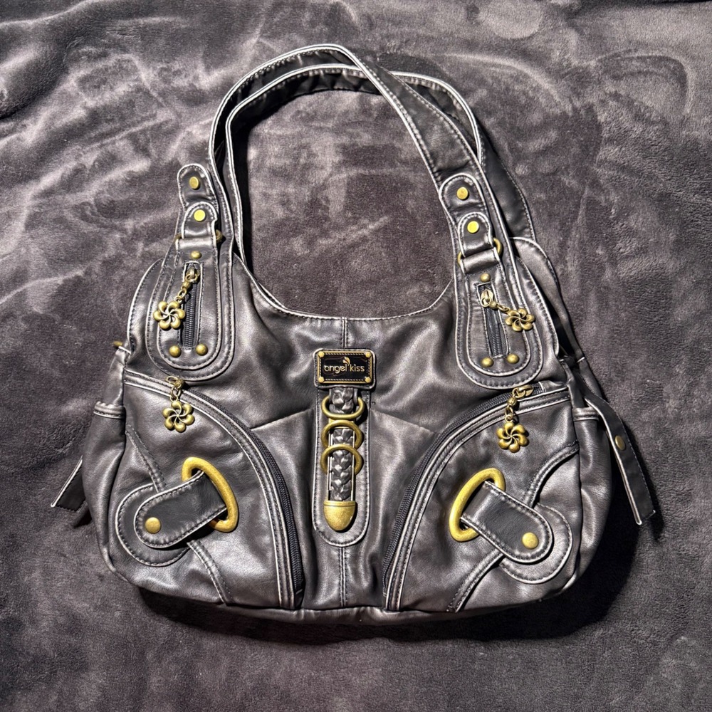 Angel Kiss Washed Black Faux Leather Hobo Bag Multi Pocket Streetwear Crossbody